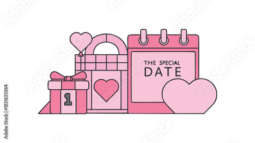 Pink cartoon illustration of a gift box a calendar marked with the special date and hearts symbolizing love and celebration