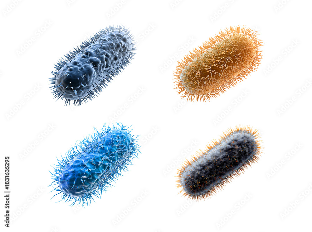 Naklejka premium Set of 3D Render of a Rod-Shaped Bacterium with Pili on Transparent Background