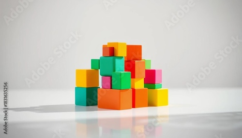 Brightly colored geometric blocks form towers on a light table; selective focus, selective focus, imagination