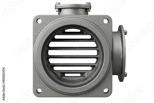 Industrial metal valve housing with flange and internal grating isolated on a transparent background
