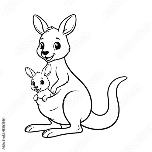 A Little kangaroo joey peeking from pouch black line art, white background