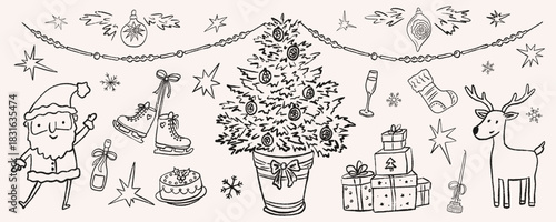 Vintage Christmas dinner party doodle of decorated tree, festive glass champagne, dancing Santa, beads garland and deer. Hand drawn outline ink sketch of New Year party gifts. Crayon vector