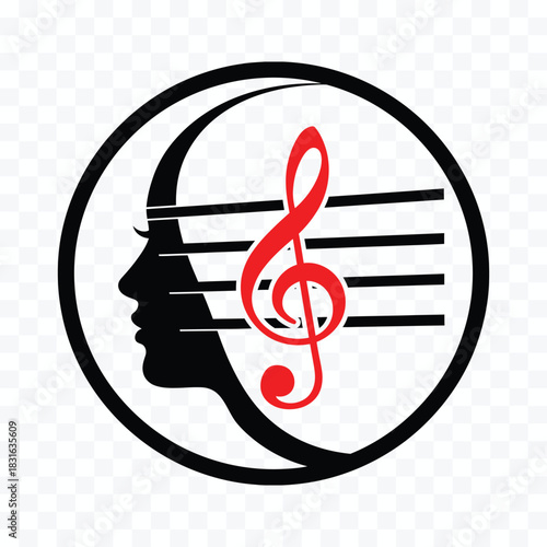 Black and red treble clef on musical staff superimposed on profile of woman's head within circle