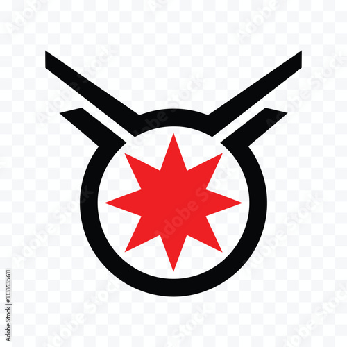 Black and red abstract geometric symbol with starburst inside circle and horns vector