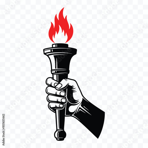 Black and white illustration of a hand holding a torch with red flames fire