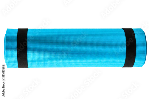 Rolled up blue yoga and fitness mat secured with black straps isolated on a transparent background