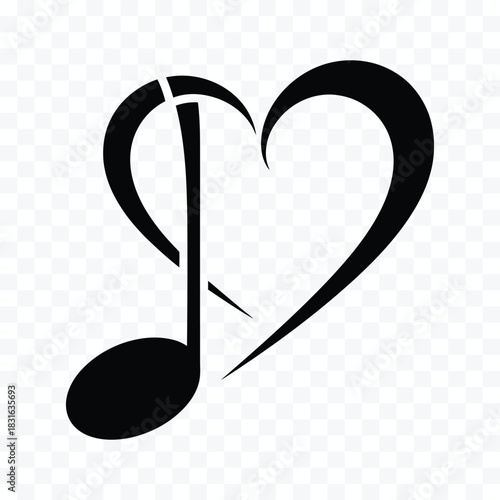 Black heart shape formed by musical notes and clef on transparent background love
