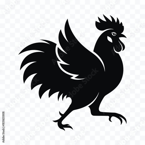 Black silhouette of a rooster walking with its tail feathers fanned out and comb raised chicken