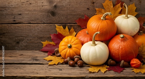 Rustic Autumn Harvest Display: Orange and White Pumpkins, Acorns, and Fall Leaves on Weathered Wood