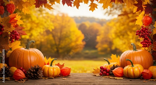 Bountiful Autumn Harvest Framed by Maple Leaves with Pumpkins on a Rustic Wooden Ledge