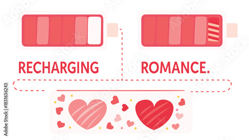 Recharging and romance depicted with battery icons and hearts symbolizing love and energy levels