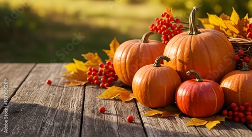 Autumn Abundance: Sunlit Pumpkins, Berries, and Fall Leaves on Rustic Wood
