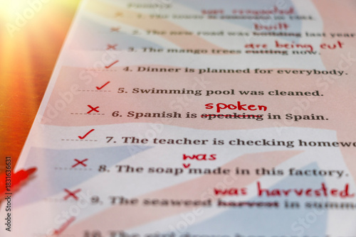 English test with red correction words