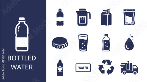 Bottled water and other containers icons set in white on dark blue.