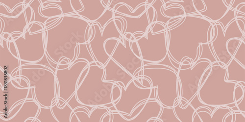 Soft beige seamless pattern with hand drawn intersecting hearts. For Valentines Day designs, romantic branding, wrapping paper, stationery, web backgrounds, and love themed decorative layouts
