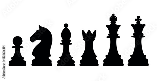 Silhouettes of chess pieces stand in a line on a white background.