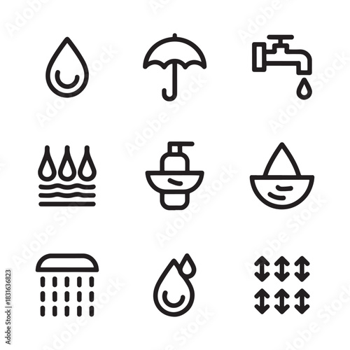 Set of Water and Protection Related Line Icons water drop umbrella
