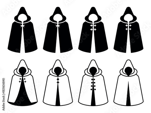 Collection of hooded cloaks, some black and some white, with different fastening styles.