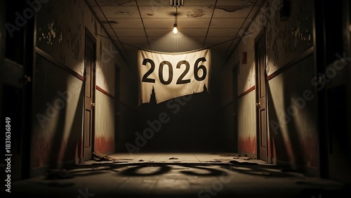 Creepy hallway banner announces 2026 in eerie setting evokes suspenseful thriller vibes and dark mystery