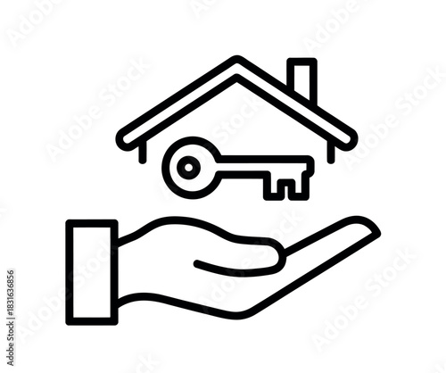 Hand holding a house and key, symbolizing real estate and home ownership.