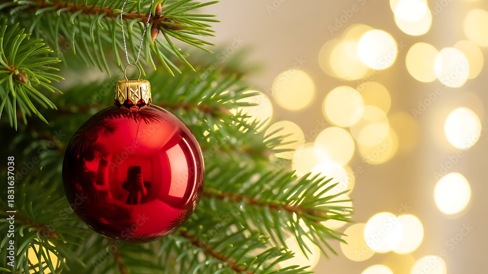 Obraz premium Classic red Christmas ornament hanging on a vibrant green pine tree with twinkling golden lights creating a warm festive holiday spirit and joyful celebration