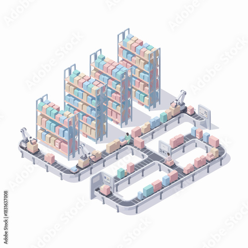 Automated Warehouse Racking System with Robotics Isometric 3D UI