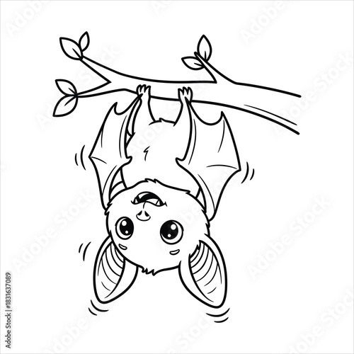 A Playful bat hanging upside down black line art, white background