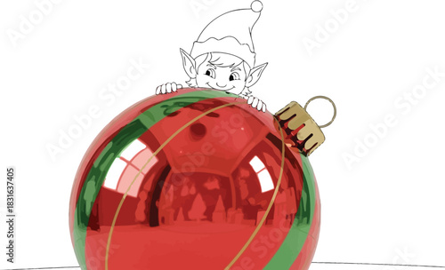 Cartoon elf peeking over a large christmas ornament with gifts in the background