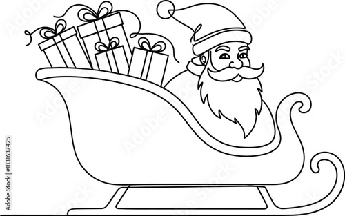 Santa claus riding in his sleigh with gifts in a continuous line drawing