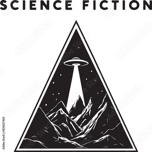 Science Fiction illustration with UFO beam over mountain landscape under starry sky in triangular frame