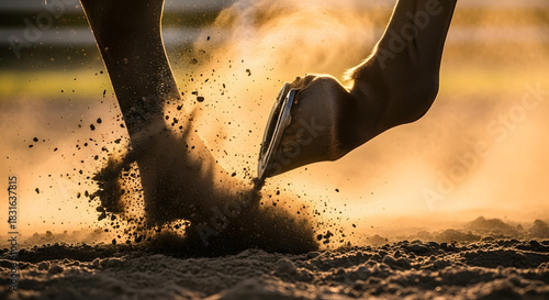Dynamic horse hoof kicking up dust during an intense equestrian training