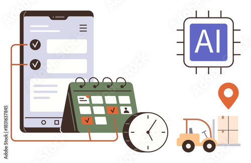 Smartphone and calendar for task planning, clock for time management, forklift for logistics, AI chip for automation, map marker for location, warehouse. Ideal for productivity, logistics