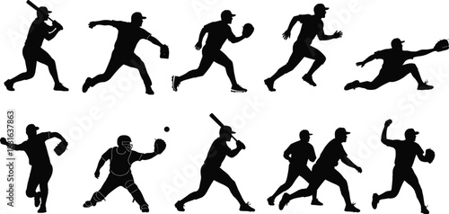 Baseball Players Silhouettes Action Poses Pitcher Batter Catcher Running Keywords: baseball, silhouette, player, sport, action