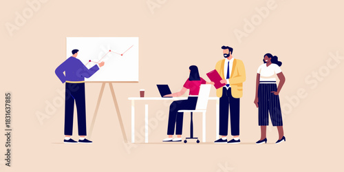 Business meeting with presentation of growth chart and diverse team