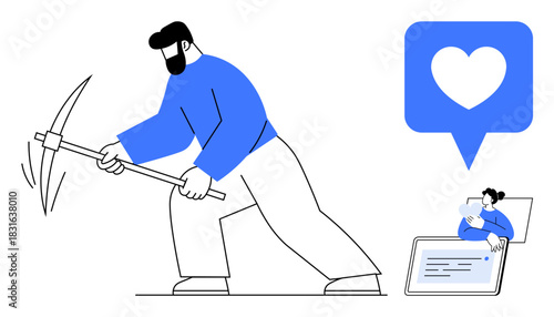 Social media engagement. Digital labor by a man mining for online interaction while a device displays engagement levels. Social media engagement for influencers, content creators, analytics