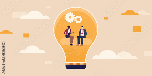 Business people brainstorming inside a light bulb idea generation concept illustration