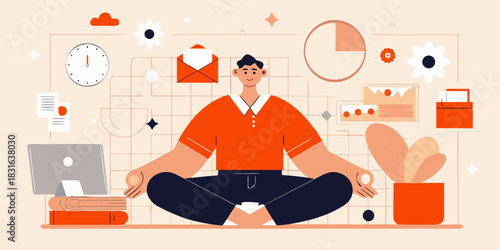 Man meditating in home office finding calm and balance in work life