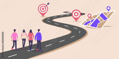 Team following a road map towards goals and success business strategy