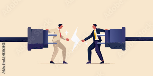 Businessmen connecting power plugs illustrating collaboration teamwork partnership and problem solving