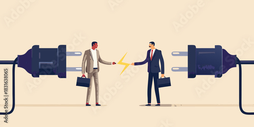 Businessmen connecting with electrical plug and lightning bolt symbol