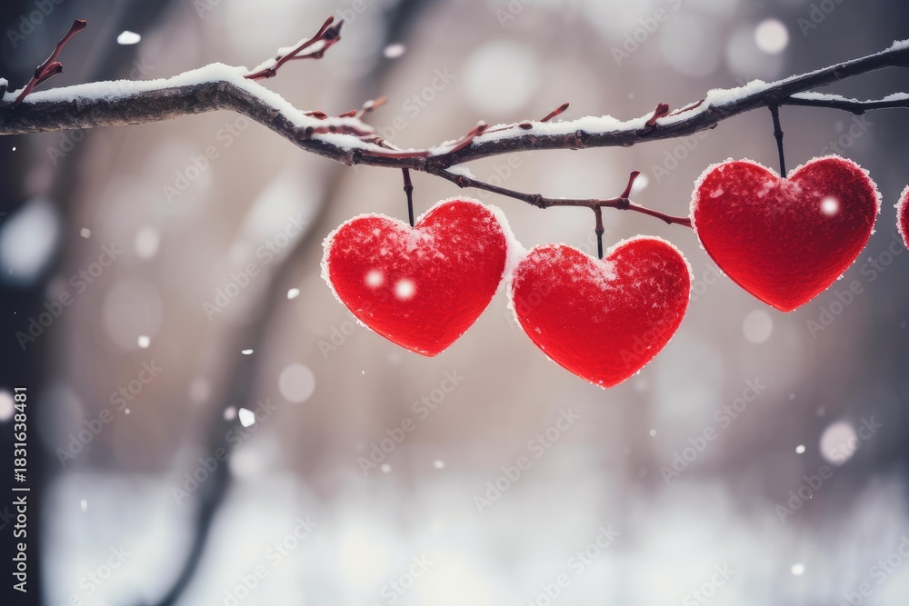 Naklejka premium Red hearts covered with snow are hanging from a snowy branch during a snowfall in a winter forest