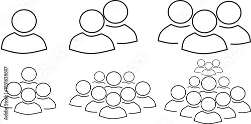 Minimal line-art icons showing groups of people in various sizes, perfect for teamwork, community, audience, organization, and social connection concepts in modern designs.
