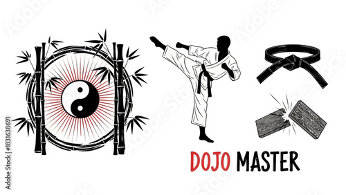 Disciplined martial arts vector elements with bamboo frame, high kick, and black belt for dojo branding