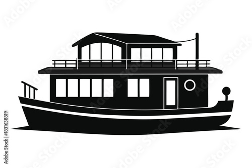 houseboat black and white silhouette on white background