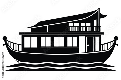 houseboat black and white silhouette on white background