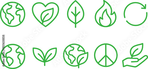 Eco icons set. Green earth, leaves, recycling, sustainability outline illustrations