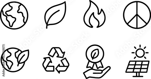 Eco icons set. Green earth, leaves, recycling, sustainability outline illustrations