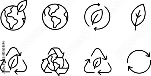 Eco icons set. Green earth, leaves, recycling, sustainability outline illustrations