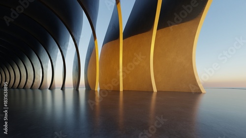 Billede på lærred Abstract curved architecture background, Empty exterior space with concrete floo