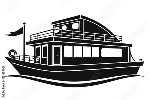 houseboat black and white silhouette on white background